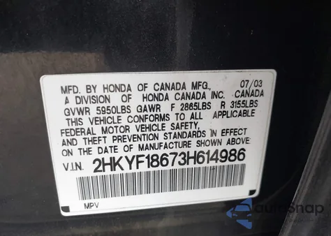 2003 Honda Pilot Ex-L z USA, uszkodzony, nr VIN 2HKYF18673H614986